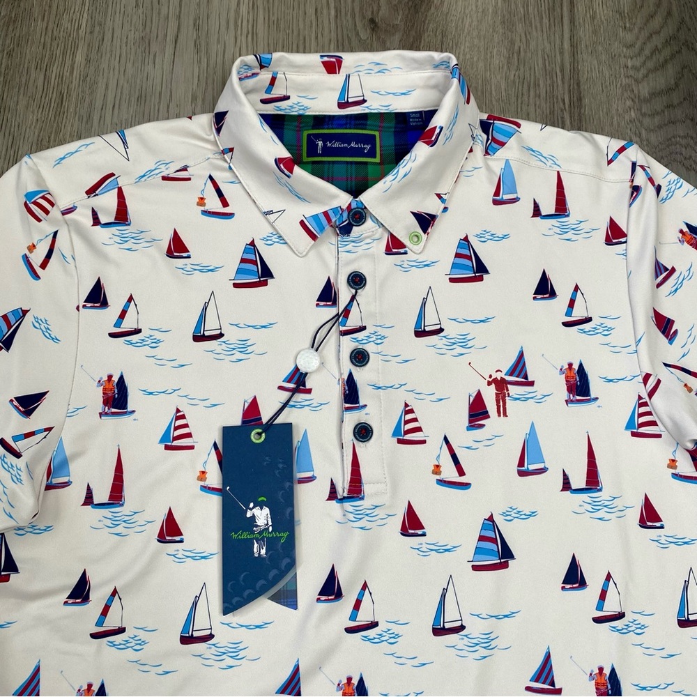 New William Murray Polo Shirt Mens S Golf Short Sleeve Sail Away‎ Ivory Boat